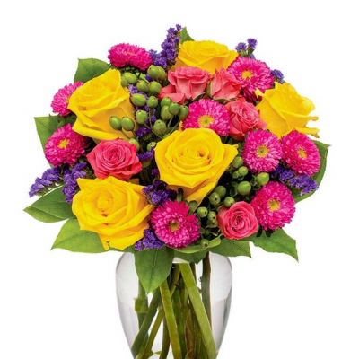 Gushing with vibrant colors, this unique flower arrangement resembles the morning sky. Bright Happy Bouquet is sure to bring any home or office to life with its hot pinks, sweet yellows, pretty purples and its generous cascade of greens. This noteworthy flower arrangement is becomes even more special during the spring and summer months, as weather compliments its warmth.