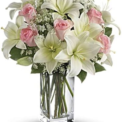 <div id="mark-3" class="m-pdp-tabs-marketing-description">Stunning in its simplicity, this innocent harmony of light pink roses and snow white lilies are a heartfelt way to send your very best. The classic, clear rectangular glass vase keeps the focus on the heavenly beauty of the blooms.</div>
 
<div id="desc-3">
<ul>
 	<li>Light pink roses and white asiatic lilies form a fragrant bouquet with delicate touches of Queen Anne's lace and rich green salal.</li>
</ul>
</div>