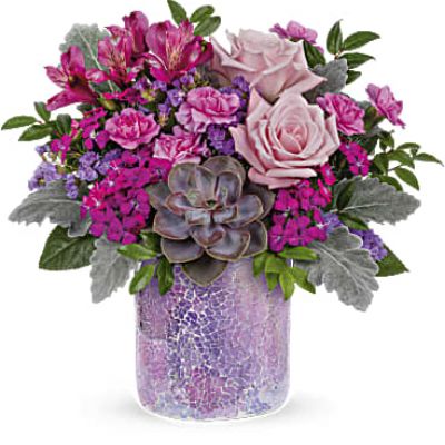 <div id="mark-3" class="m-pdp-tabs-marketing-description">As magical as sunset in the desert. Luscious pink roses and a sculptural succulent get the glamorous treatment in a shimmering mosaic glass vase.</div>
 
<div id="desc-3">This chic bouquet features light pink roses, purple alstroemeria, miniature lavender carnations, dark pink sweet william, lavender sinuata statice, dusty miller, huckleberry and a large green echeveria succulent plant.</div>