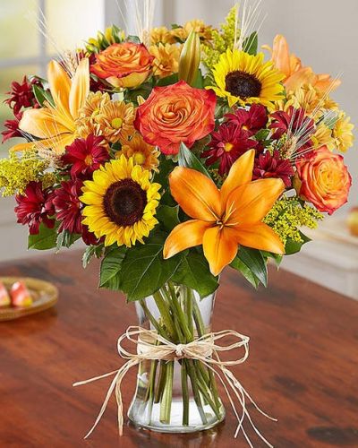 <p>This wonderful autumn bouquet is gathered with fresh-picked flowers, revealing the rustic beauty of nature.</p>
<p>Shades of golden yellow, rich red and pops of orange create a timeless gift for someone special to enjoy.</p>
