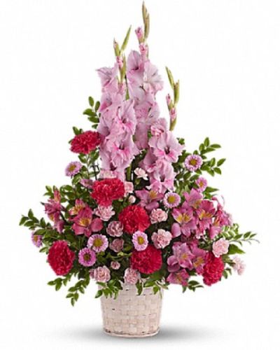<div class="m-pdp-tabs-description">
<div id="mark-1" class="m-pdp-tabs-marketing-description">Beautifully feminine. Serene but strong. This pretty basket of pink flowers is a lovely way to show you care.</div>
</div>
<p id="arrngDescp">A mix of fresh pink blossoms like gladioli, alstroemeria, carnations and more are lovingly arranged in a white basket.</p>