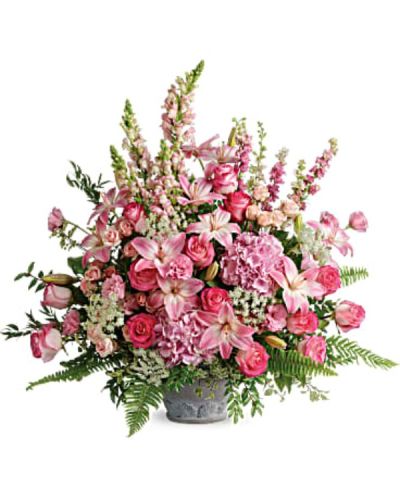<div id="mark-3" class="m-pdp-tabs-marketing-description">Full of grace and light, this majestic bouquet of pink blooms and fresh greenery is a glorious addition to the service.</div>
<div id="desc-3">
<ul>
<li>Light pink hydrangea, pink roses, light pink spray roses, light pink asiatic lilies, pink lisianthus, pink larkspur, light pink snapdragons, and Queen Anne's lace are arranged with Italian ruscus, huckleberry, pitta negra, sword fern, flat fern, and lemon leaf.</li>
</ul>
</div>