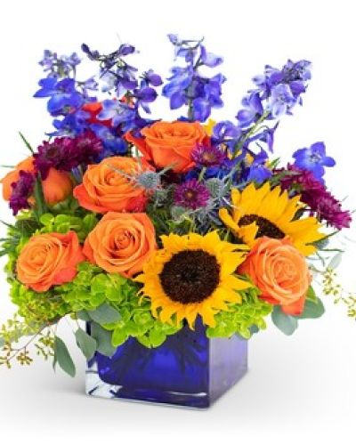Celebrate them and remind them how very special they are will will forever be with the Where the Horizon Meets the Sky Bouquet. This arrangement is pure joy delivered featuring delphinium, hydrangeas, and roses.