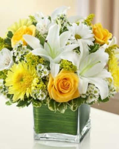 <p>Send a bright and beautiful message with this graceful yellow and white arrangement of roses, lilies, cremones, alstroemeria, daisy poms and solidago is hand-arranged in a cube vase.</p>