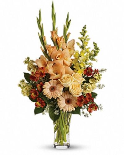 <div class="m-pdp-tabs-description">
<div id="mark-1" class="m-pdp-tabs-marketing-description">Express your condolences in tasteful shades of color with peach, orange and yellow flowers in a stylish trumpet vase. For the service or the home, it is an elegant choice.</div>
</div>
<p id="arrngDescp">The stunning bouquet includes peach roses, peach gerberas, orange alstroemeria, peach gladioli, yellow snapdragons and yellow stock, accented with assorted greenery.</p>