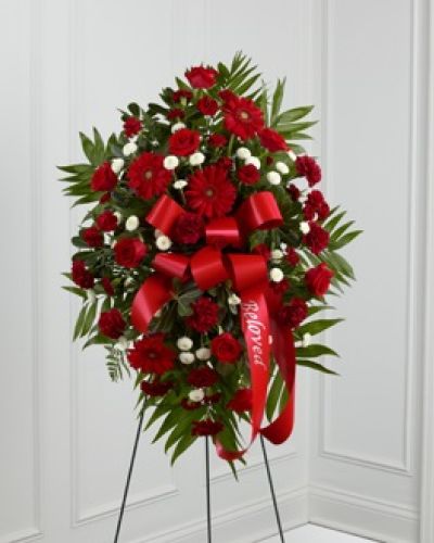 The FTD&reg; Treasured Memories&trade; Standing Spray is a rich and colorful way to express your unending love and devotion to the departed. An exceptional arrangement of red roses, burgundy carnations, burgundy mini carnations, red gerbera daisies and white button poms are accented with a variety of lush greens. A red ribbon with the word, "Beloved," embossed in a gold metallic lettering, finishes this beautiful display for their final farewell service. Displayed on a wire easel.