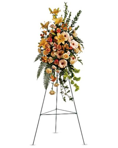 <div id="mark-1" class="m-pdp-tabs-marketing-description">A fountain of subtle color is provided by this gracefully elegant array of peach roses and lilies and other favorites - a symbol of life and hope during a difficult time.</div>
<div id="desc-1">
<ul>
<li>The striking bouquet includes peach roses, orange bi-color roses, peach spray roses, peach asiatic lilies, orange alstroemeria, peach carnations and bells of Ireland, accented with assorted greenery.</li>
</ul>
</div>