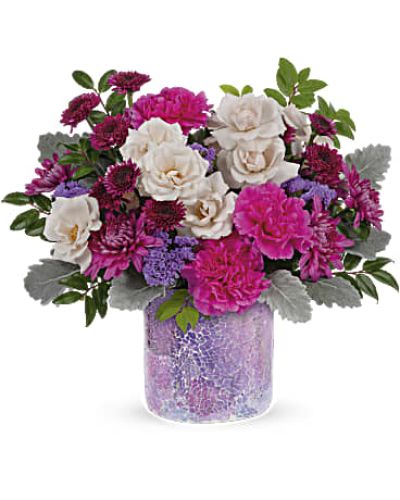<div id="mark-3" class="m-pdp-tabs-marketing-description">
<div id="mark-3" class="m-pdp-tabs-marketing-description">Go for the glam this Mother's Day with a gift that sparkles as brightly as she does--a breathtaking rose bouquet in a vibrant mosaic glass keepsake vase.</div>
<p> </p>
<div id="desc-3">This bouquet includes crème spray roses, purple button spray chrysanthemums, hot pink carnations, purple cushion spray chrysanthemums, lavender sinuata statice, dusty miller and huckleberry.</div>
</div>