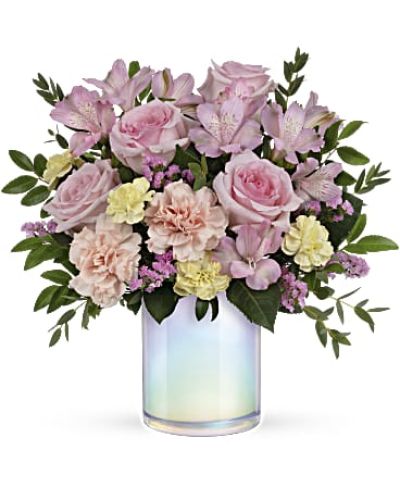<div id="mark-3" class="m-pdp-tabs-marketing-description">Fresh as a spring breeze, this whimsical, blush-hued bouquet is presented in a white glass cylinder with magical pearlescent finish.</div>
<p> </p>
<div id="desc-3">Blush roses, pink alstroemeria, pink carnations, miniature light yellow carnations and pink sinuata statice are arranged with huckleberry and parvifolia eucalyptus.</div>