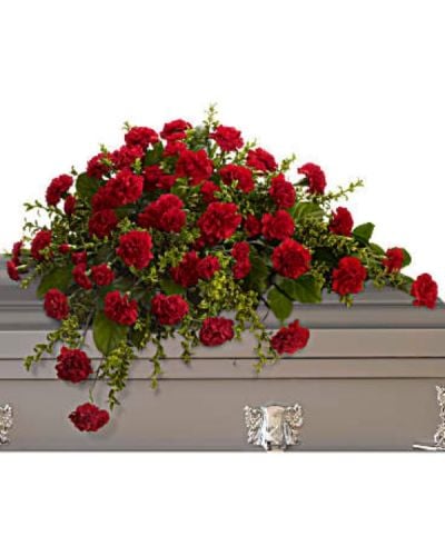 <div id="mark-1" class="m-pdp-tabs-marketing-description">With dignity and grace, brilliant red carnations express the depth of your heartfelt feelings, and the tenderness of your everlasting devotion.</div>
<div id="desc-1">
<ul>
<li>A classic half-couch spray of red carnations set against oregonia and salal, perfectly fitting for an open or closed casket service.</li>
</ul>
</div>