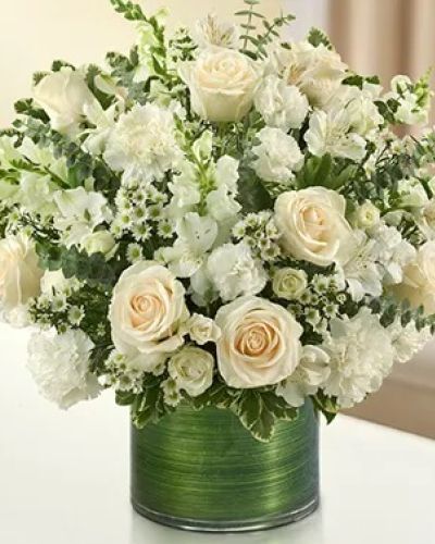 <p>Send a gift of lasting tribute and touching remembrance of a life well lived. This striking, all white arrangement of roses, spray roses, snapdragons, alstroemeria, carnations and more is elegantly arranged by hand in a graceful cylinder vase. A lovely gift of comfort and honor.</p>
